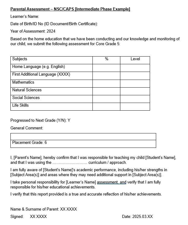 Intermediate Phase Parent Assessment report template for homeschool report