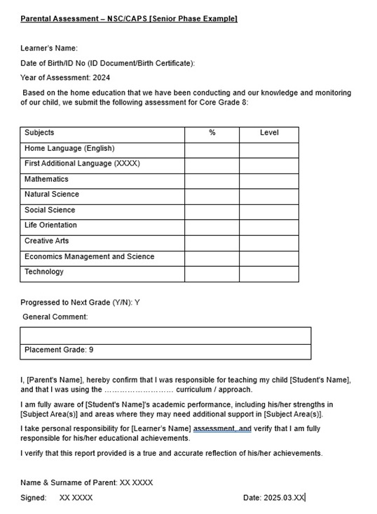 Senior Phase Parental Assessment template for homeschool report