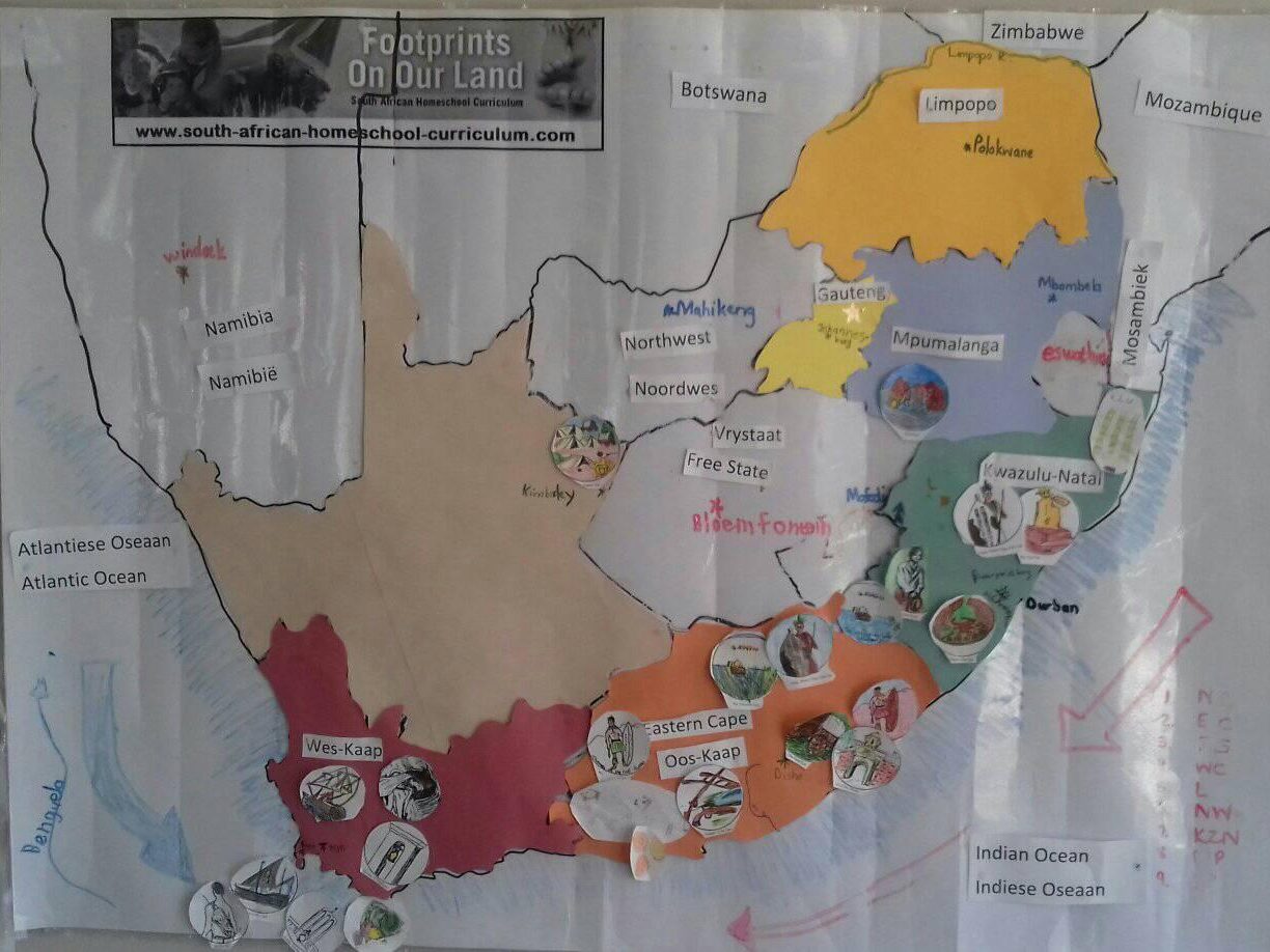 A customised Footprints South African map in a Charlotte Mason Homeschool