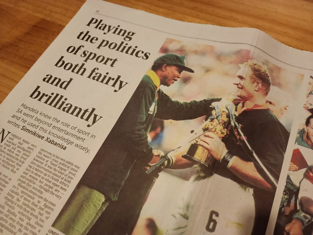 Why Study the History of South Africa? newspaper report showing Mandela congratulating Springbok captain Francois Pienaar in 1995.